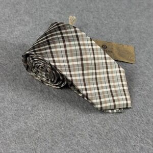 Onassis 100% Silk Skinny Tie Brown Gray Plaid Checked Men's Necktie 58x2.5"